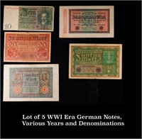 Lot of 5 WWI Era German Notes, Various Years and D