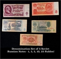 Denomination Set of 5 Soviet Russian Notes - 1, 3,