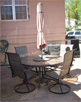 Glass Top Patio Table w/ Chair & Umbrella Stand