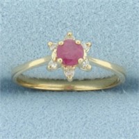 Ruby and Diamond Flower Ring in 10k Yellow Gold