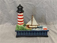 Painted Cast Metal Lighthouse and Ship Coin Bank
