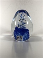Blue Swirl Glass Paperweight 4" T x 3" diam
