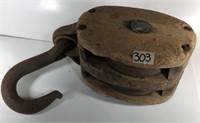 Wood and Metal Antique Double Pulley