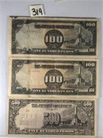 Japanese Paper Money 2-100 Peso & 1-500 Pesos
