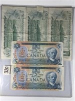 Canadian Paper Money 2-$5 Bills & 3-$1 Bills