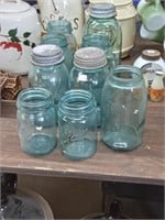 9 blue Ball canning jars - quart,pint & 1/2 gal