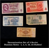 Denomination Set of 5 Soviet Russian Notes - 1, 3,