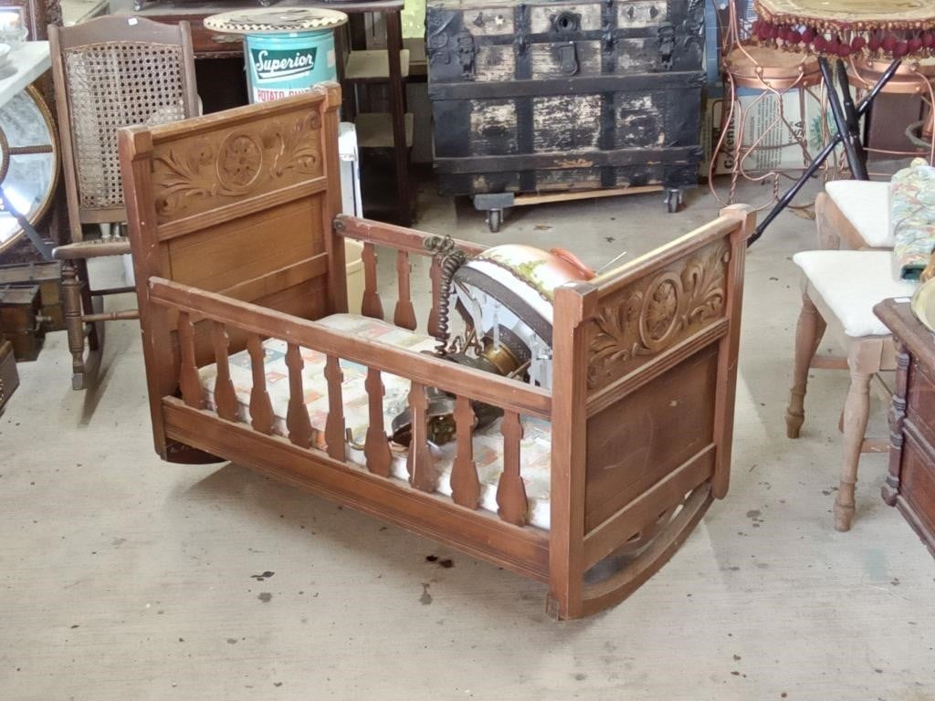 antique rocking walnut baby cradle