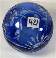 4 1/2" dia. Blue and Clear Cut Glass Paperweight