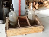 2 seltzer bottles & wood soda crate