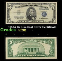 1953A $5 Blue Seal Silver Certificate Grades vf++