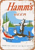 $13  Hamm's Beer Fishing Tin Sign 8x12 Inch