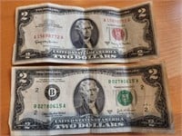 Two Two-Dollar Bills, one red seal