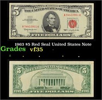 1963 $5 Red Seal United States Note Grades vf++