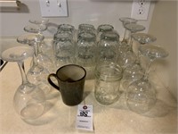 12 Tumbler Glasses, 8 Wine Glasses, Ball Jar &