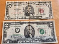 Old Bills, Two and Five Dollar red seal