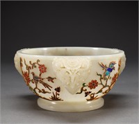 Hetian jade bowl inlaid with gems in Qing Dynasty