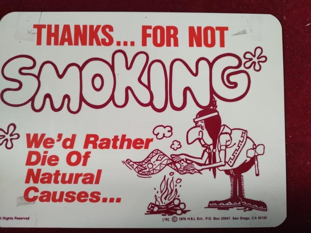 1976 No Smoking Plastic Sign -10x8