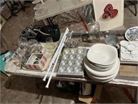 Table Lot; Muffin Tins, Dishes, Pails, Vases, Burn