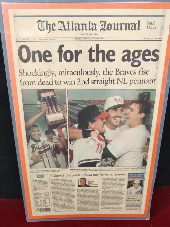 1992 Atlanta Braves WIN! Laminated Newspaper