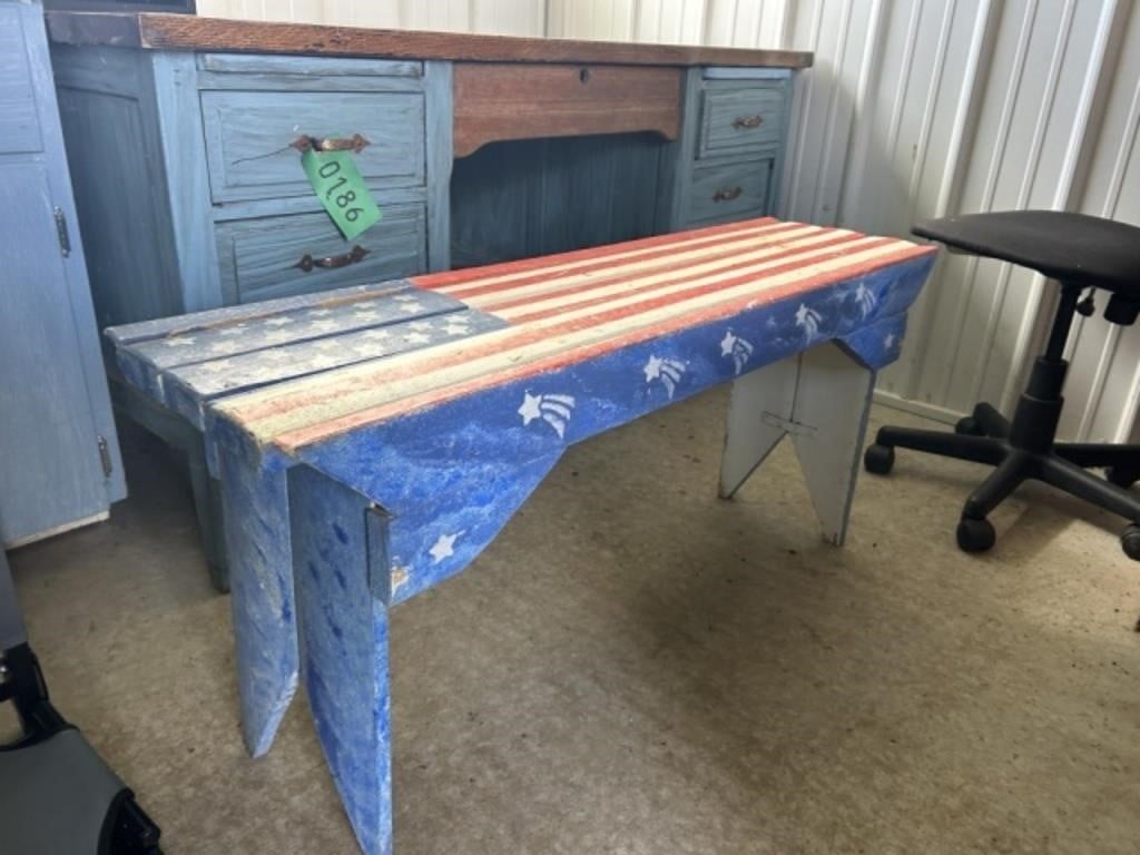 43" American Flag Bench, chairs, rugs