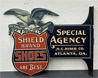 Shield Brand Shoes die cut flange tin sign