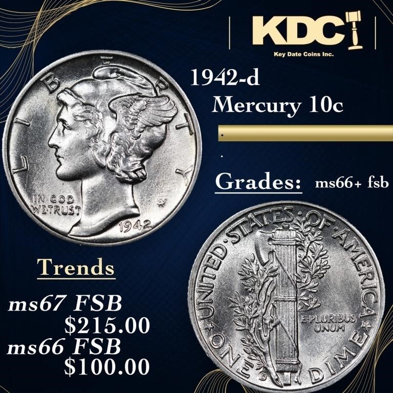 1942-d Mercury Dime 10c Grades GEM++ FSB