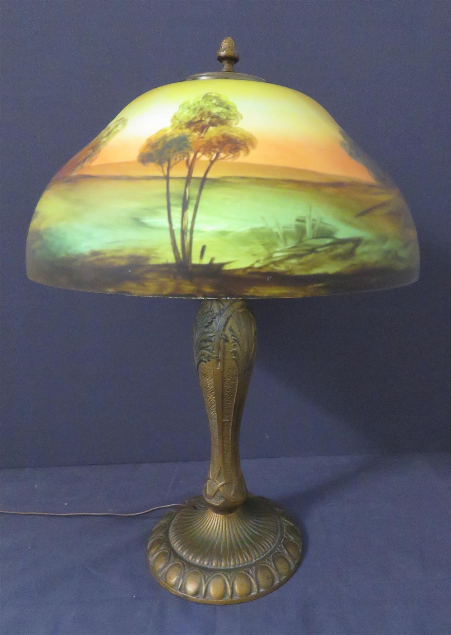 Phoenix reverse painted glass & bronzed table lamp