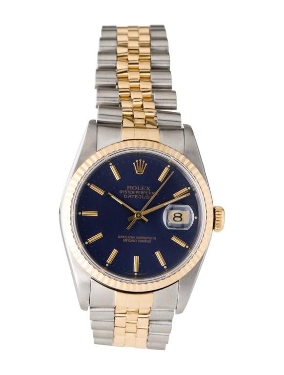 18k Gold Rolex Datejust Blue Dial Ss Watch 36mm