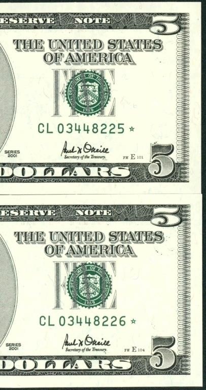 (2 CONS) *STAR* $5 2001 Federal Reserve Note (CU)