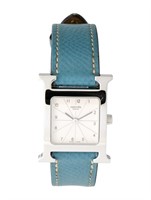 Hermes Heure H Opaline Dial Leather Watch 21mm