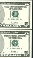 (2 CONS) *STAR* $5 2001 Federal Reserve Note ((CU)