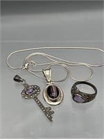 Sterling and purple stone pendants and ring