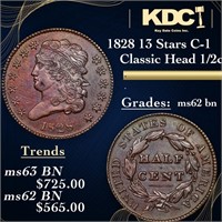 1828 13 Stars Classic Head half cent C-1 1/2c Grad