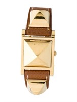 18k Gold-pl. Hermes Medor Brown Leather Watch 23mm