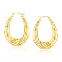 14k Gold Graduated Textured Oval Hoop Earrings