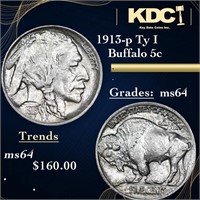 1913-p Ty I Buffalo Nickel 5c Grades Choice Unc