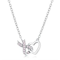 Round .10ct Pink Topaz Heart & Ribbon Necklace