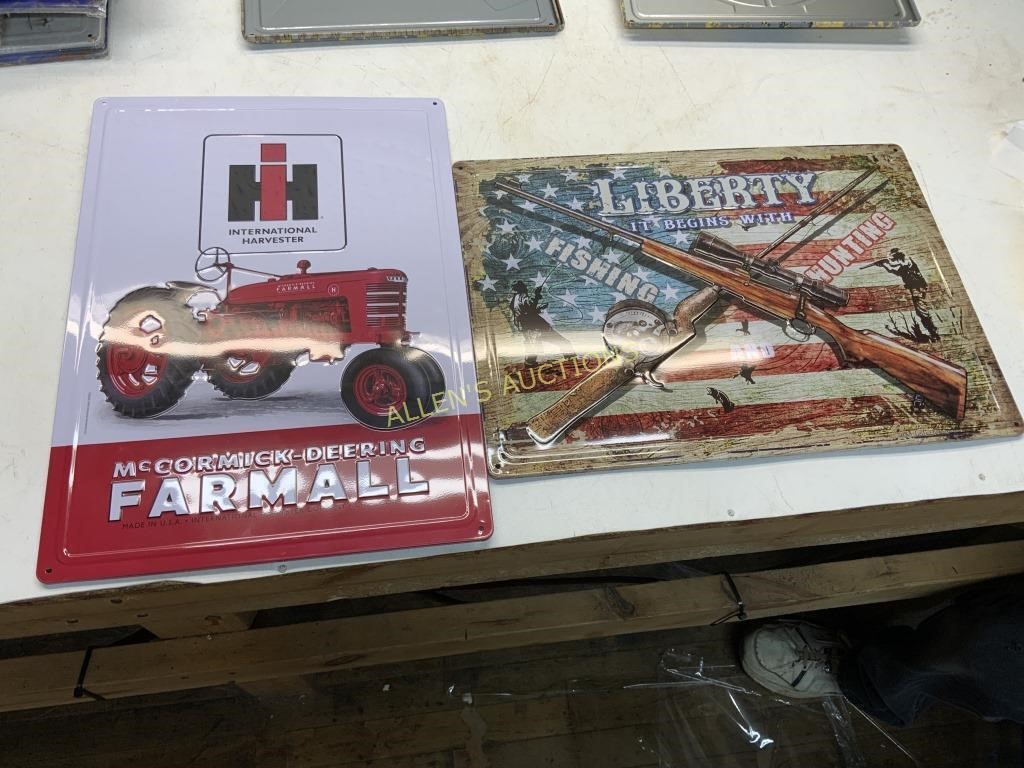 2 METAL SIGNS FARM ALL  AND HUNTING AND FISHING