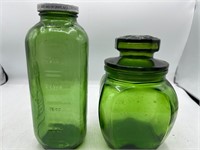 Vintage green juice bottle and green container