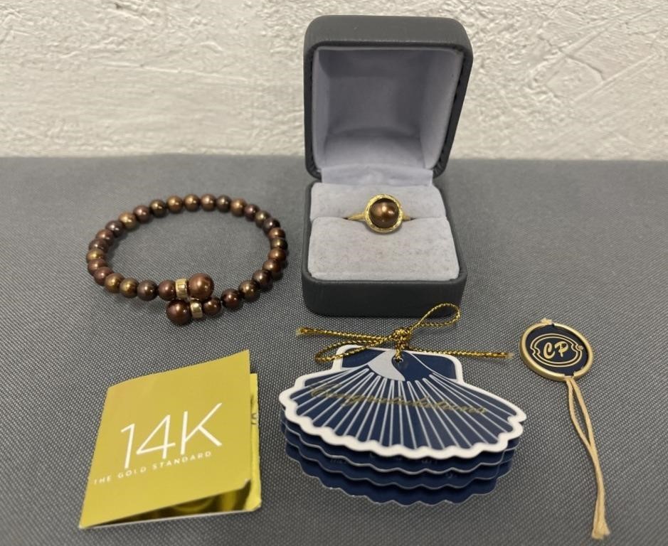 14K Gold Chocolate Pearl Ring & Bracelet