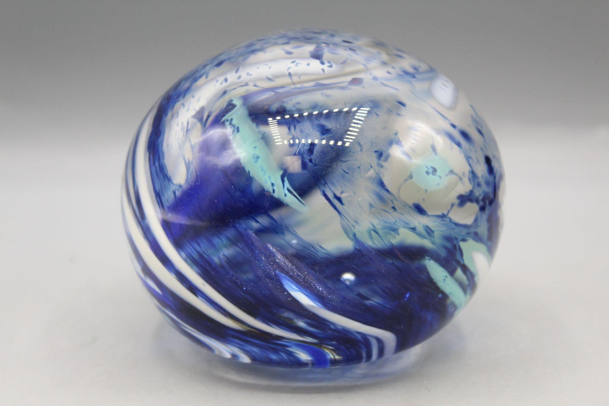 Hand-Blown Blue Swirl Art Glass Paperweight