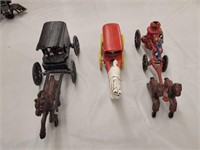 2 Cast iron Horse and Buggy Toys, 1 Horse and Fire