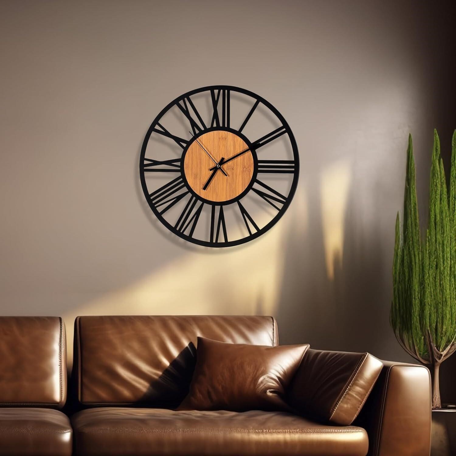 16In Modern Metal Wall Clock  Wooden  Silent