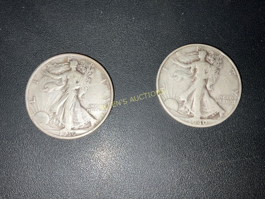 2 WALKING LIBERY HALF DOLLARS 1936 AND 1940