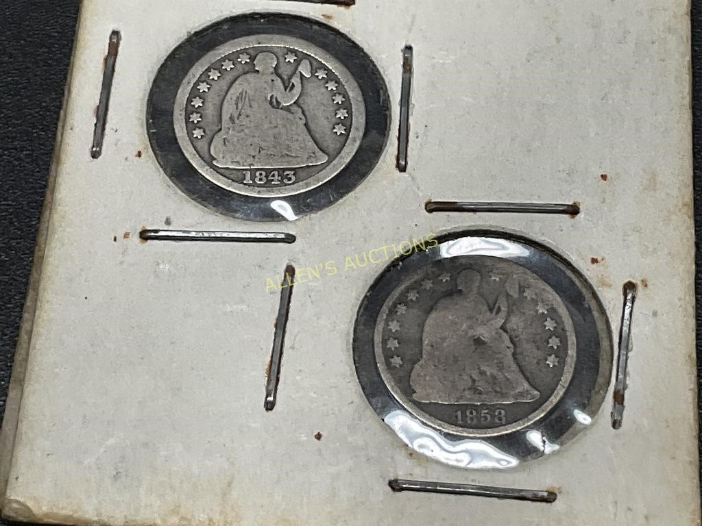 2 SEATED LIBERTY HALF DIMES 1843 AND 1858