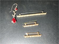 3 10KT GOLD PINS WITH PEARLS AND STERLING EARRING