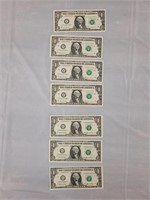 7 - $1.00 Bills with Sequential Serial Numbers