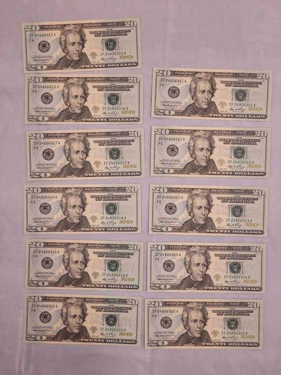 11- $20.00 Bills with Sequential Serial Numbers