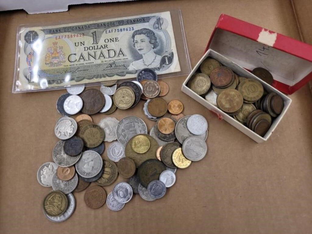 Assorted Foreign Coin and Canadian $1.00 Bill